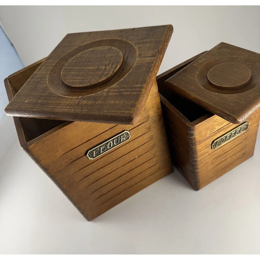 Vintage Wooden Flour & Coffee Canister Set of 2 Mid Century Modern Kitchen